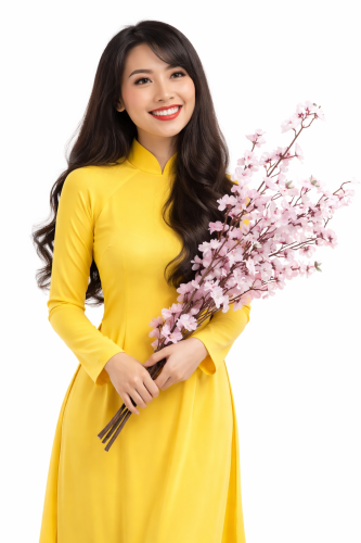 Cô gái, mỉm cười, phụ nữ, áo dài vàng, cầm nhành đào, hoa đào hồng, tết nguyên đán, truyền thống việt nam, dịu dàng, trang phục dân tộc, girl, smiling, woman, yellow ao dai 5
