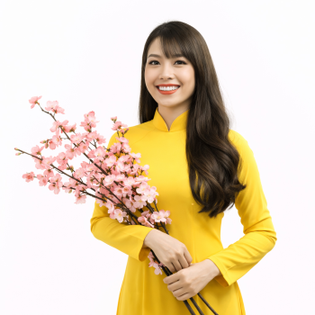 Cô gái, mỉm cười, phụ nữ, áo dài vàng, cầm nhành đào, hoa đào hồng, tết nguyên đán, truyền thống việt nam, dịu dàng, trang phục dân tộc, girl, smiling, woman, yellow ao dai 7