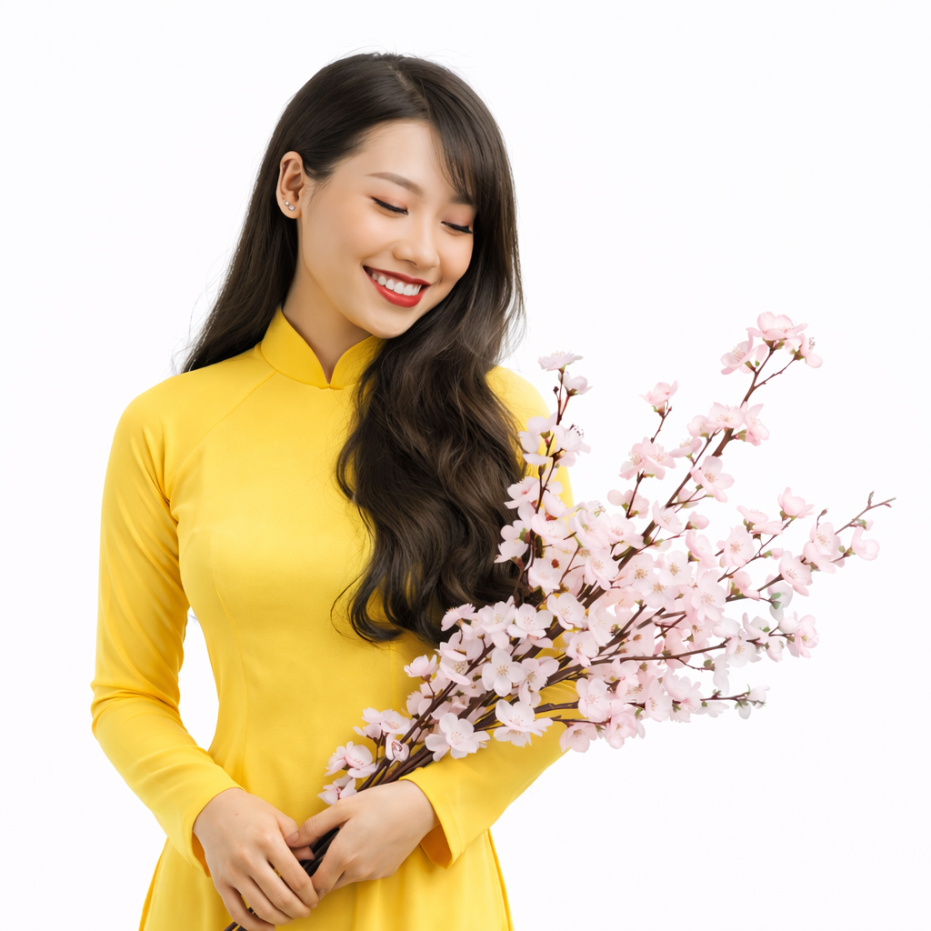Cô gái, nhìn xuống mỉm cười, phụ nữ, áo dài vàng, cầm nhành đào, hoa đào hồng, tết nguyên đán, truyền thống việt nam, dịu dàng, trang phục dân tộc, girl, looking down smiling, woman, yellow ao dai 8