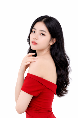 Cô gái, tạo dáng thanh lịch, phụ nữ, đầm trễ vai, màu đỏ đô, girl, elegant posing, woman, off shoulder dress, dark red 3