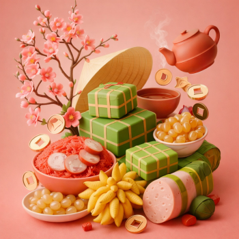 Bánh chưng, xôi gấc, giò lụa, hoa mai, nón lá, phật thủ, mứt sen, đồng tiền vàng, ấm trà, lunar new year food, red sticky rice, vietnamese sausage, apricot blossom, conical hat