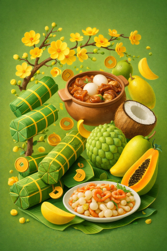 Thịt kho tàu, bánh tét, dưa món, mâm ngũ quả, hoa mai, đu đủ, dừa, xoài, mãng cầu, braised pork with eggs, cylindrical glutinous rice cake, pickled vegetables, five fruit tray