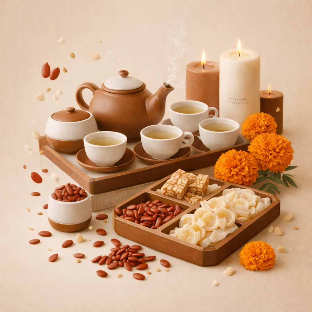 Bộ ấm trà, trà nóng, mứt gừng, hạt dưa, hoa cúc vạn thọ, nến, tĩnh vật, ấm cúng, thư giãn, tea set, hot tea, candied ginger, melon seeds, marigold, candles, still life, cozy, relax