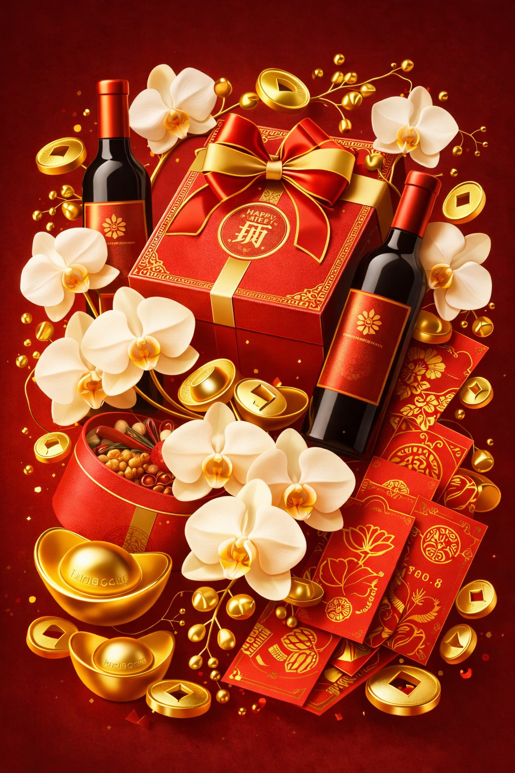 Hộp quà tết, rượu vang, phong bao lì xì, hoa lan trắng, tiền vàng, thỏi vàng, sang trọng, đỏ và vàng, tet gift box, wine, red envelopes, white orchids, gold coins, gold ingots, luxury