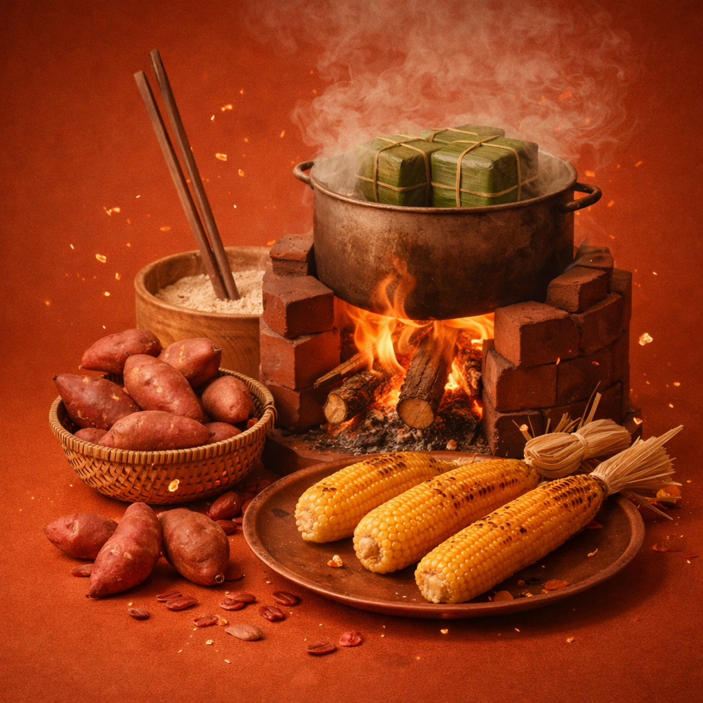Nấu bánh chưng, bếp củi, ngô nướng, khoai lang, khói, lửa, truyền thống, nông thôn, ấm áp, cooking sticky rice cake, wood stove, grilled corn, sweet potato, smoke, fire