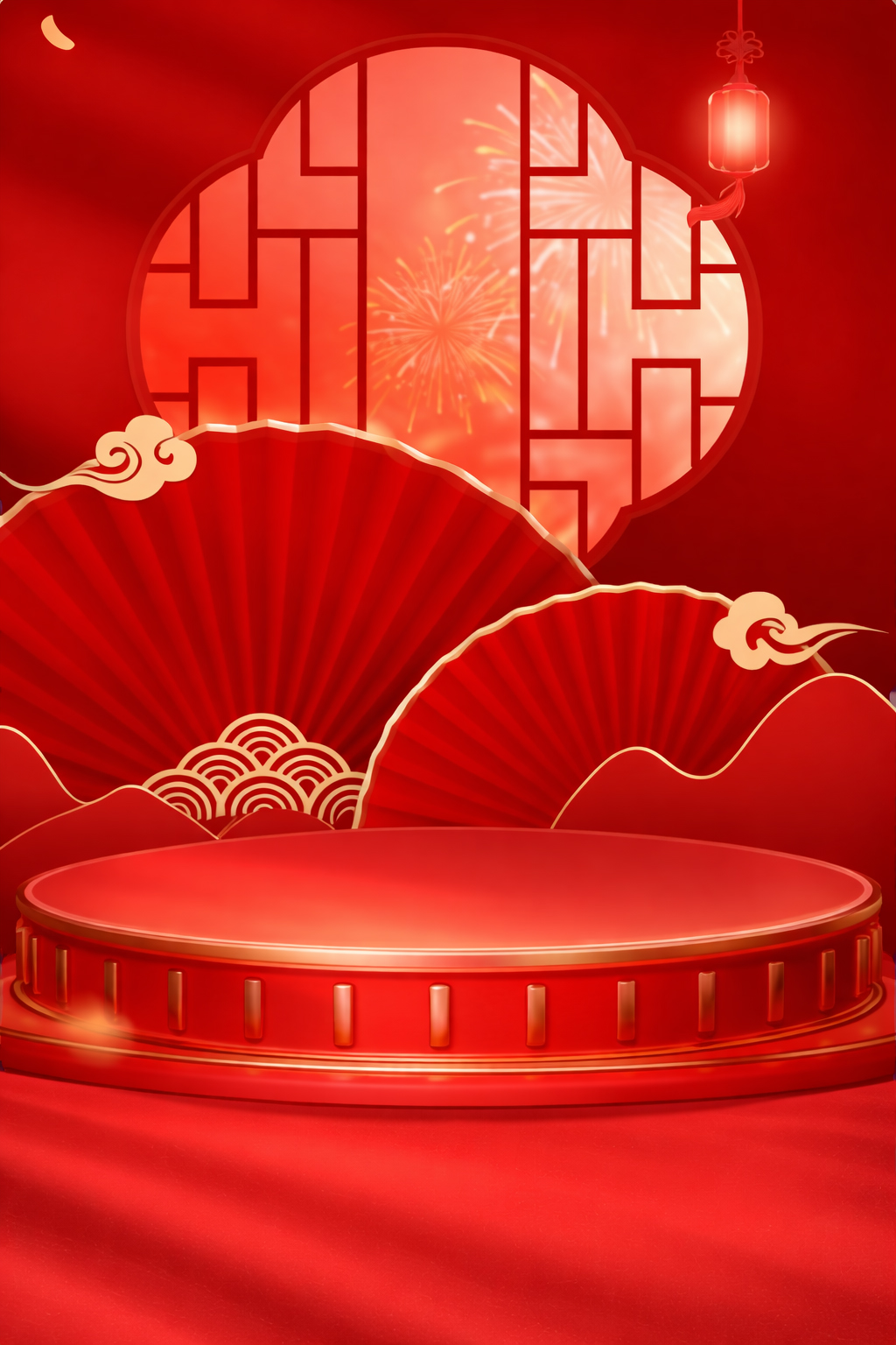 Bục tròn đỏ, quạt giấy, mây ngũ sắc, cửa sổ tròn, pháo hoa, đèn lồng, tết cổ truyền, trang trí, red round podium, paper fan, lucky clouds, moon gate, fireworks, lantern, traditional tet, decoration