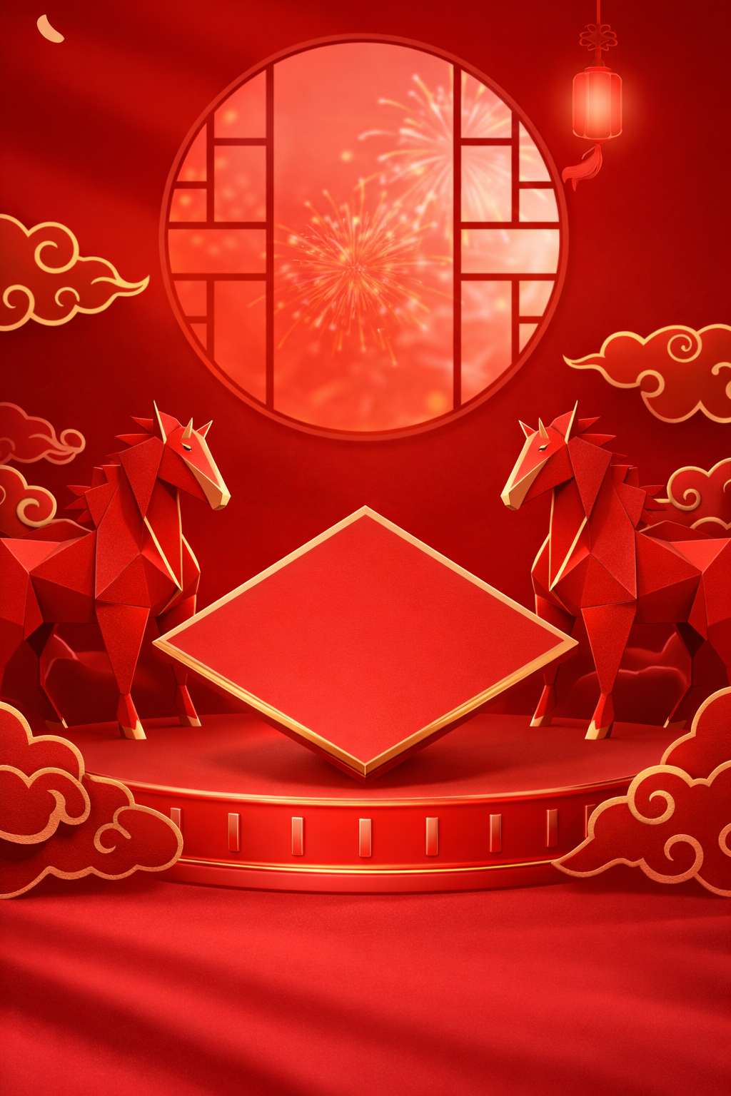 Con ngựa, đứng yên, động vật, mô hình giấy, bục tròn, cửa sổ tròn, đèn lồng, mây ngũ sắc, tết giáp ngọ, đỏ, horse, standing, animal, paper craft, round podium, moon gate, lantern