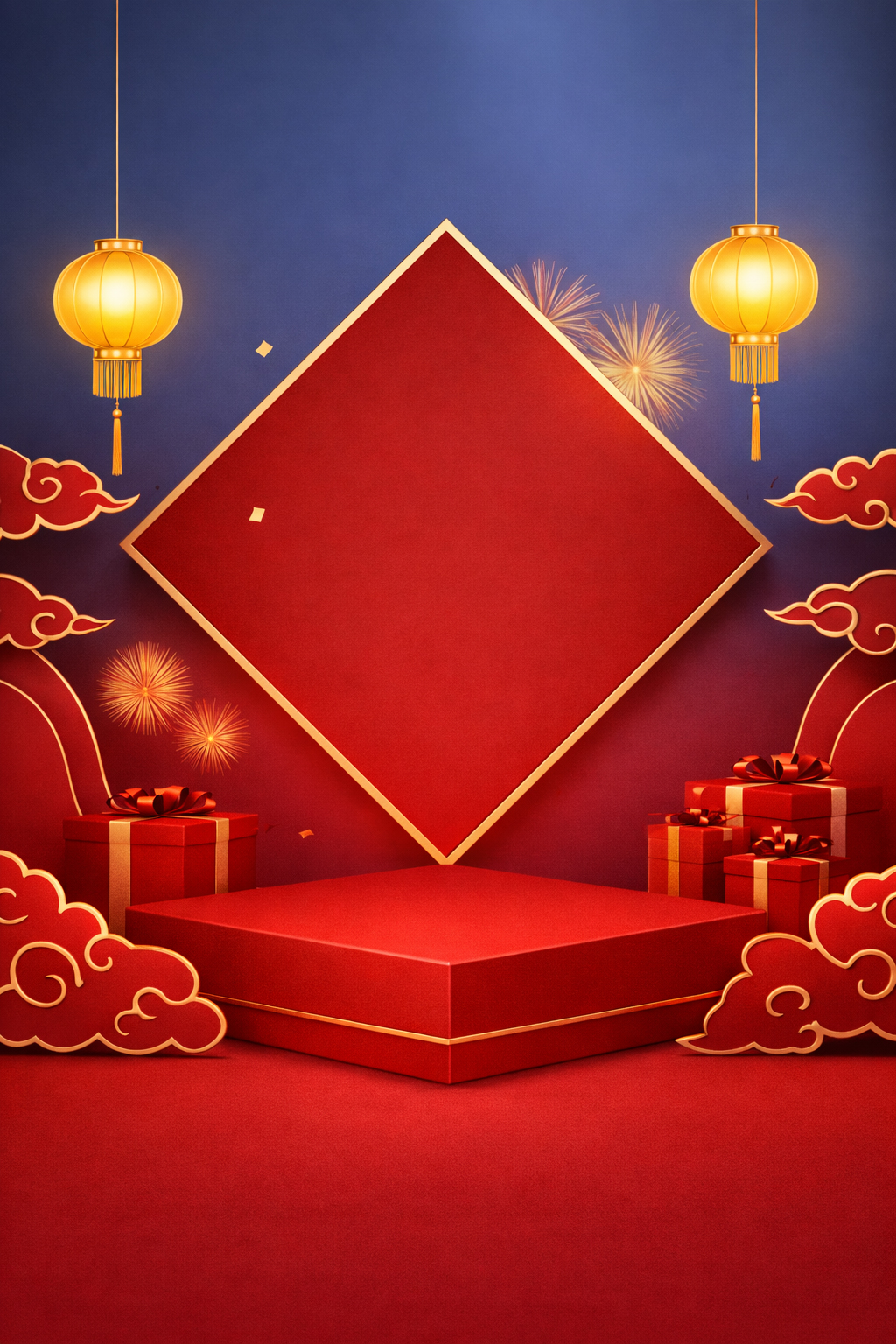 Sân khấu hình thoi, bục vuông, đèn lồng vàng, mây ngũ sắc, hộp quà, pháo hoa, bầu trời đêm, đỏ và xanh, diamond stage, square podium, yellow lantern, lucky clouds, gift box, fireworks, night sky, red and blue