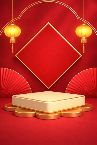 Bục trưng bày, hình bông hoa, đèn lồng, quạt giấy, khung hình thoi, nền đỏ, vàng kim, tết nguyên đán, podium, flower shape, lantern, paper fan