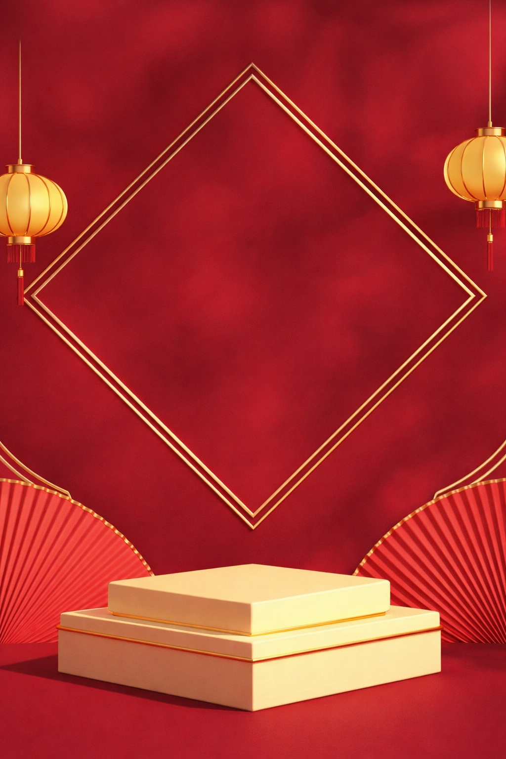 Bục trưng bày, hình vuông, đèn lồng, quạt giấy, khung hình thoi, nền đỏ, tối giản, tết nguyên đán, podium, square, lantern, paper fan, diamond frame, red background, minimalist, lunar new year