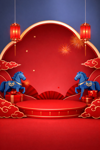 Con ngựa, đứng yên, động vật, bục trưng bày, đèn lồng, mây đỏ, hộp quà, tết nguyên đán, màu xanh dương, nền đỏ, horse, standing, animal, podium, lantern, red clouds, gift box, lunar new year, blue, red background 2