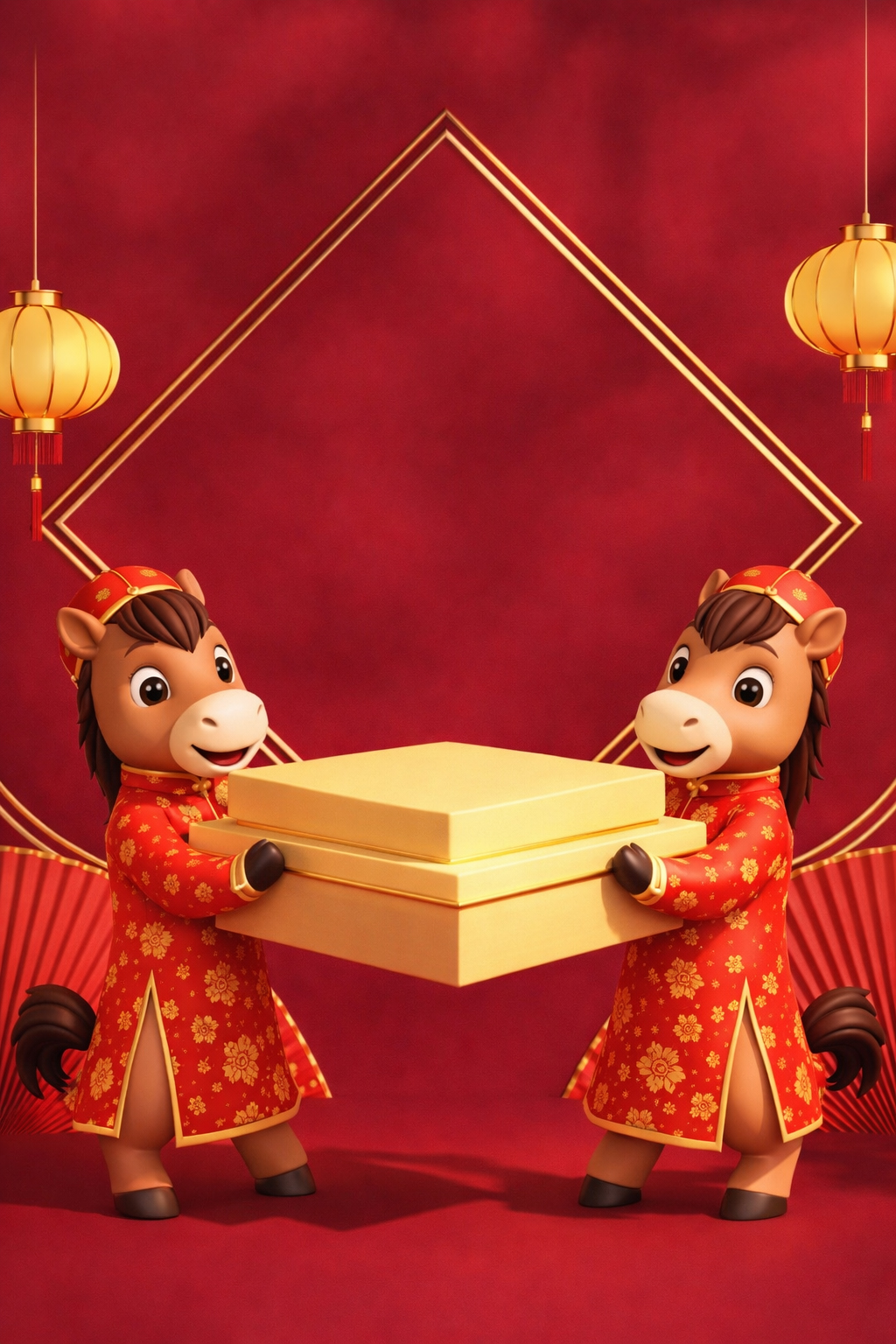 Con ngựa, bưng hộp quà, động vật, áo dài, đèn lồng, khung hình thoi, nền đỏ, tết nguyên đán, horse, holding gift box, animal, ao dai, lantern, diamond frame, red background, lunar new year