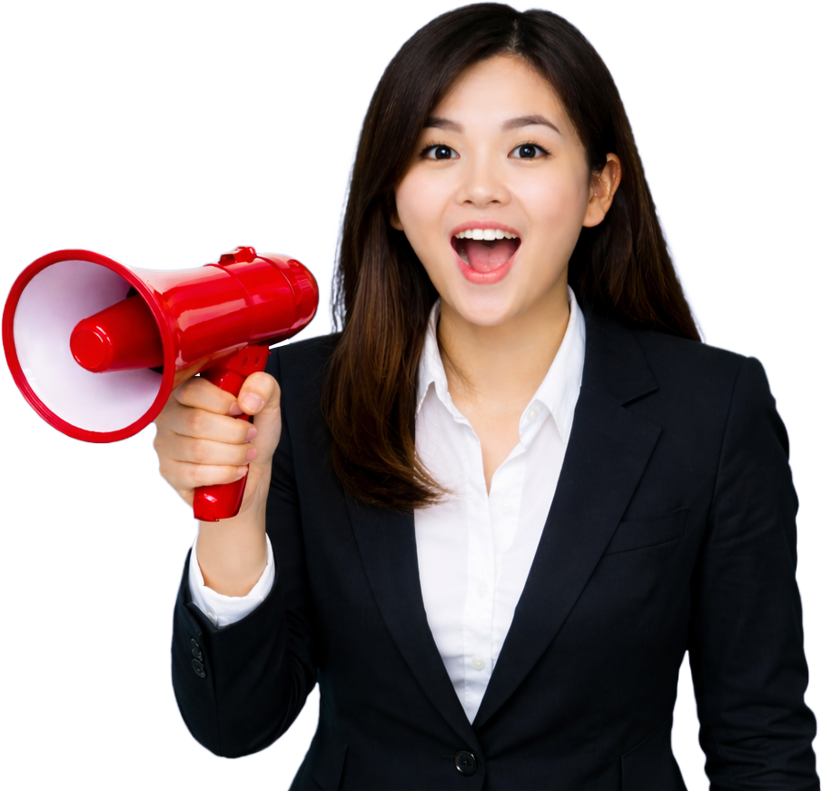 Cô gái, cầm loa thông báo