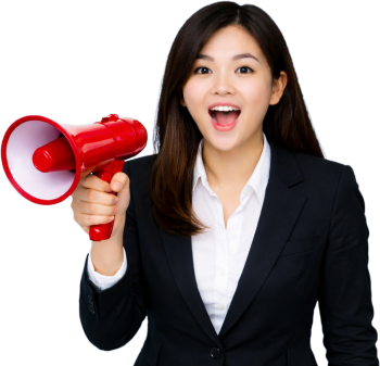 Cô gái, cầm loa thông báo