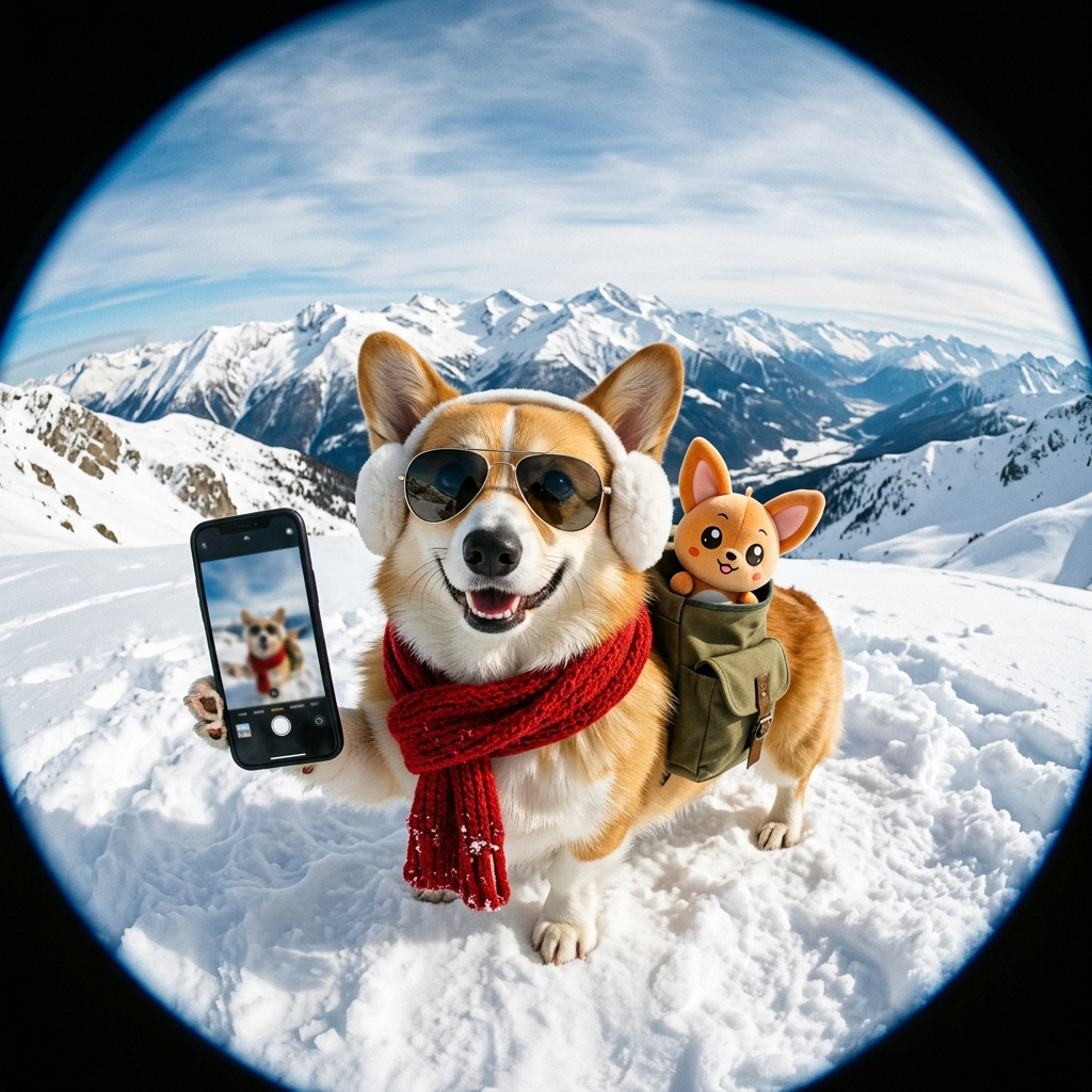 Fisheye lens shot: a smiling corgi wearing sunglasses, a red scarf and fuzzy...
