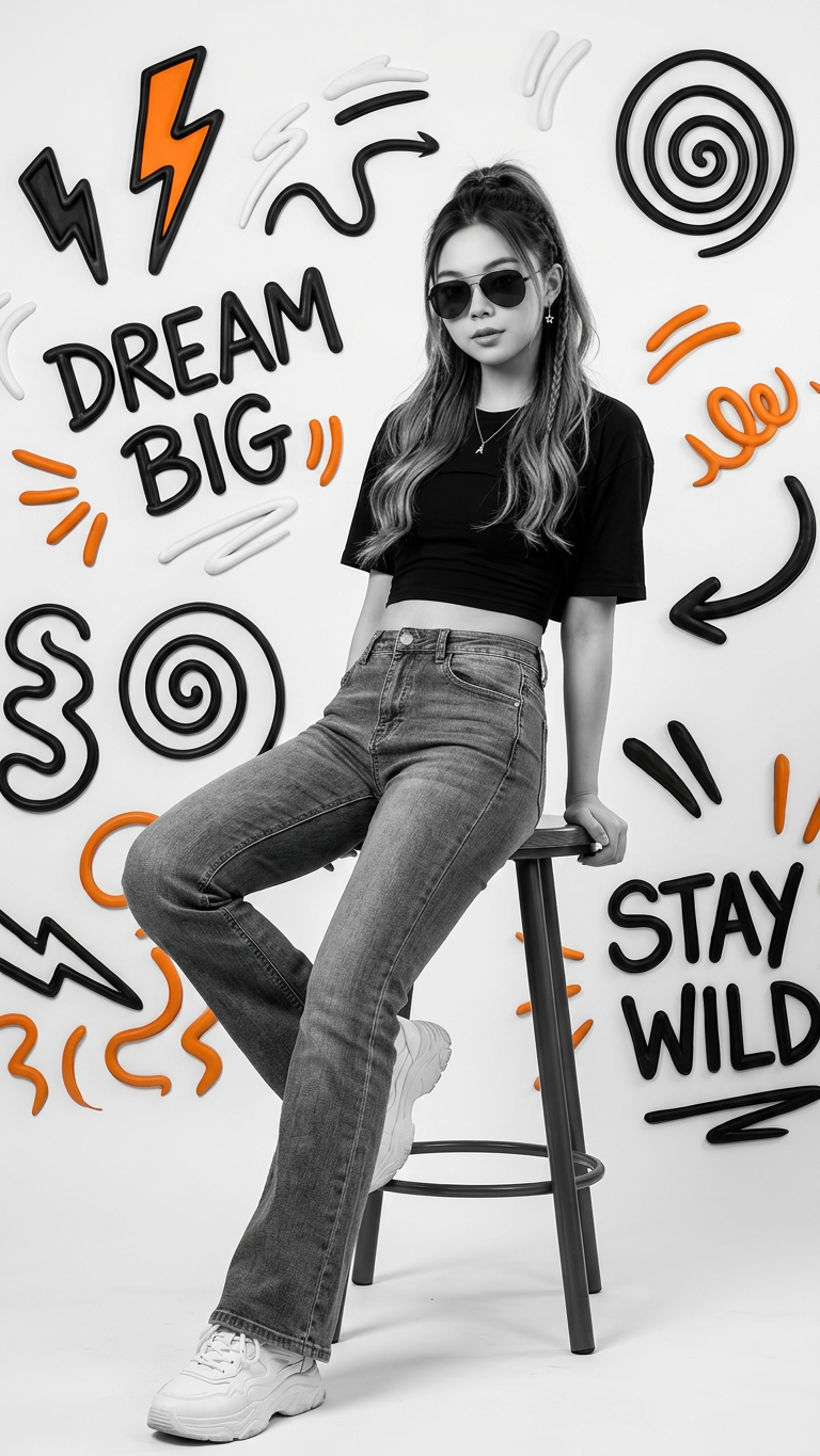 Chân dung studio BW siêu thực, 8K. Nhân vật ở ảnh đính kèm mặc croptop đen, áo phông...
