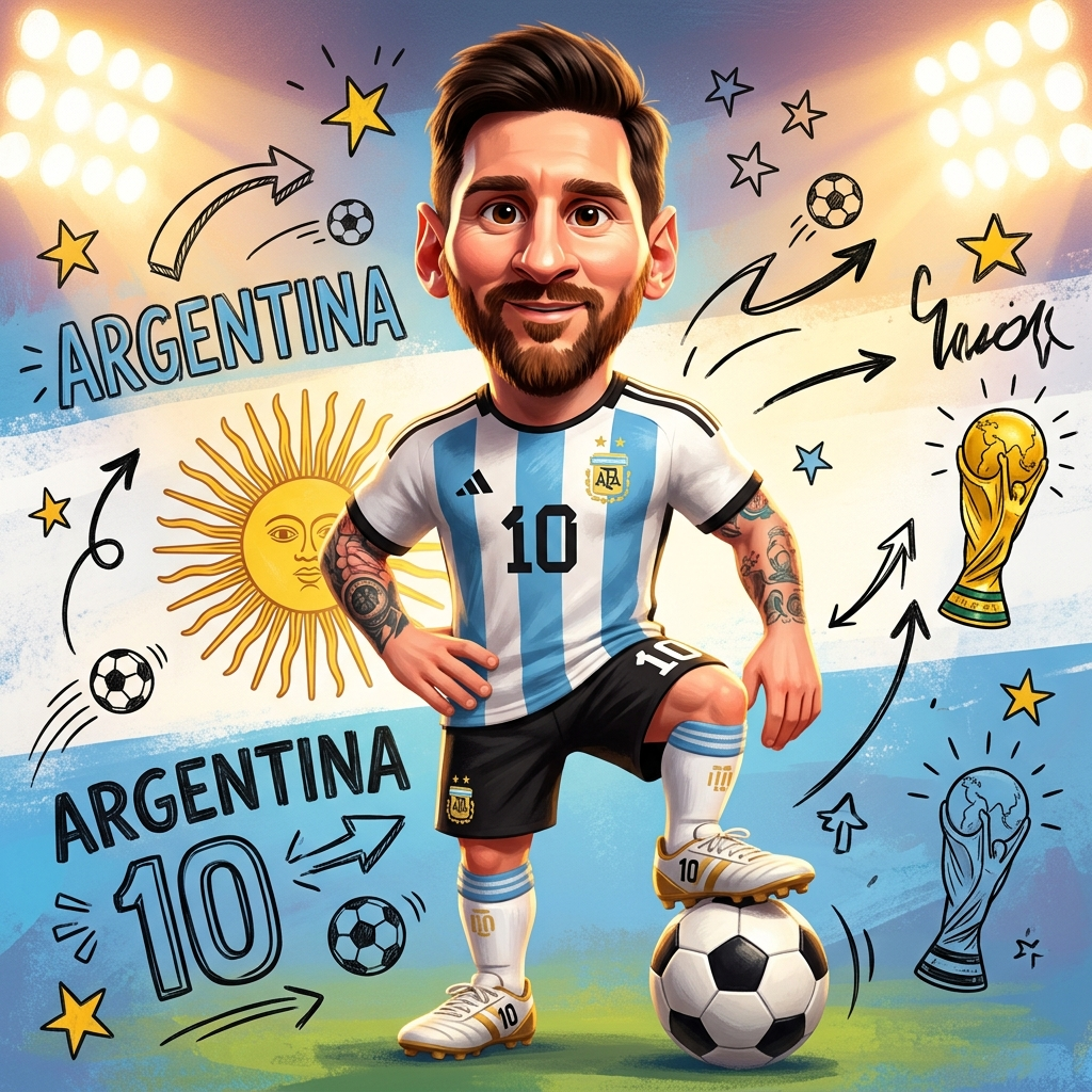 Full body caricature of a famous male football player with oversized head,...