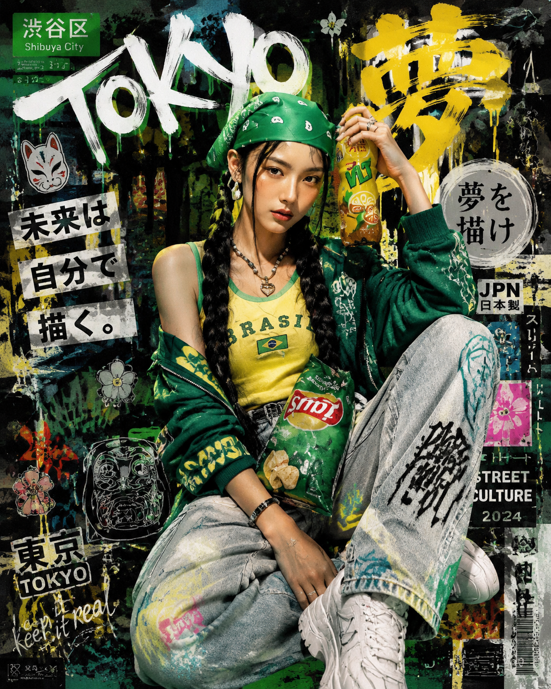 Create a high-detail portrait poster in a bold Japanese graffiti-inspired art...