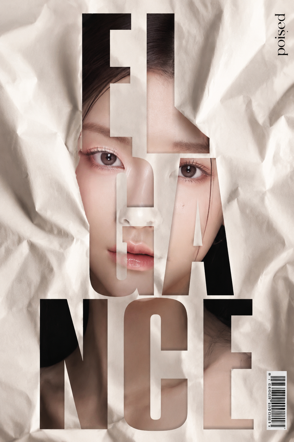 Vertical editorial poster portrait of [Character] with [Hair], face tightly...