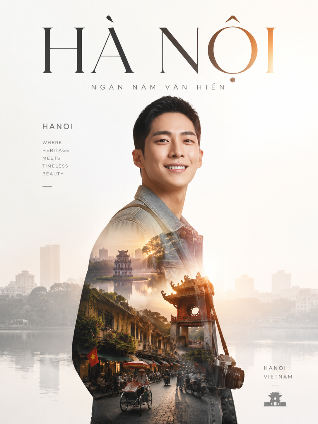Tạo một poster du lịch tối giản với hiệu ứng double exposure cho [Hà Nội]. Chủ thể...