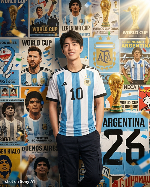 Ultra-realistic sports advertising poster featuring a young Argentine...