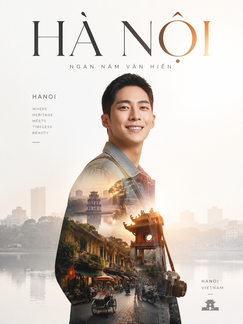 Tạo một poster du lịch tối giản với hiệu ứng double exposure cho [Hà Nội]. Chủ thể...