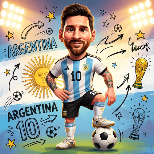 Full body caricature of a famous male football player with oversized head,...