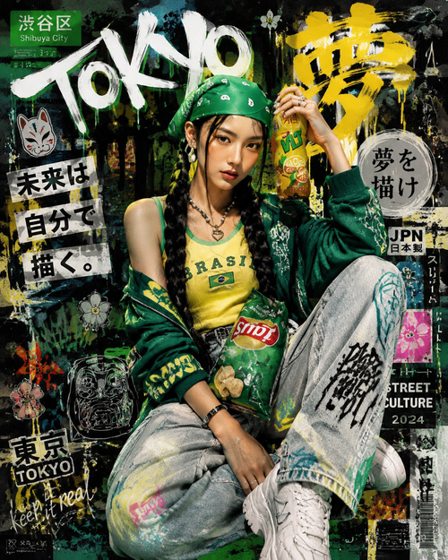 Create a high-detail portrait poster in a bold Japanese graffiti-inspired art...