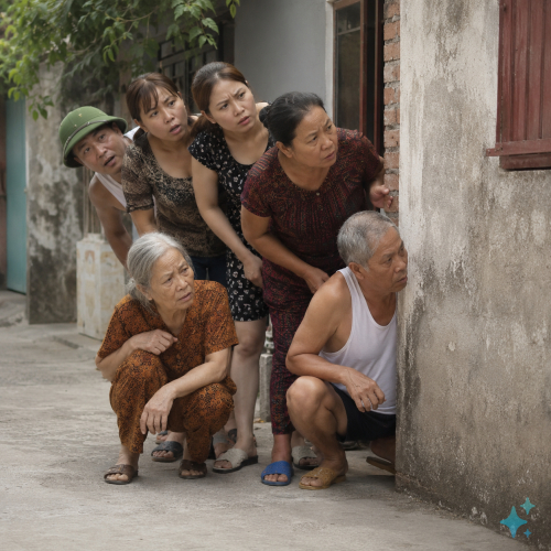 Hình ảnh hài hước của một đám người đang hóng chuyện . Với đặc điểm phong cách thực tế ....