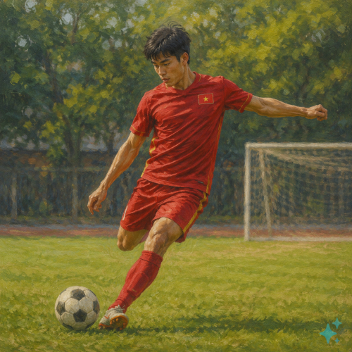 tạo hình ảnh 1 chàng trai đang đá bóng bằng tranh màu . Với đặc điểm phong cách thực tế ....