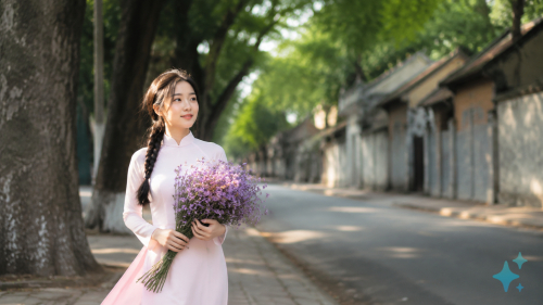 Cô gái mặc áo dài màu trắng hồng nhạt tóc tết bím đuôi sam một bên, ôm bó hoa violet tím,...