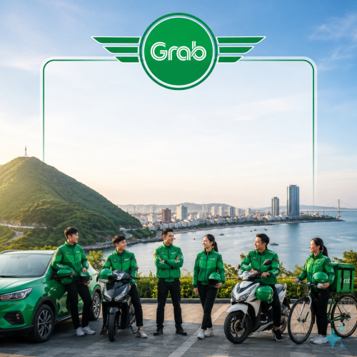 tạo ảnh để làm ảnh nhóm  grap có logo grap với tên nhóm : Grap Bình Định, slogan:
 Đội...