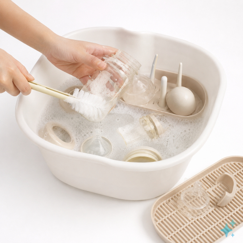 hình ảnh bàn tay đang rửa bình sữa cho bé, nền trắng, thêm cả chậu rửa bình sữa cho bé ....