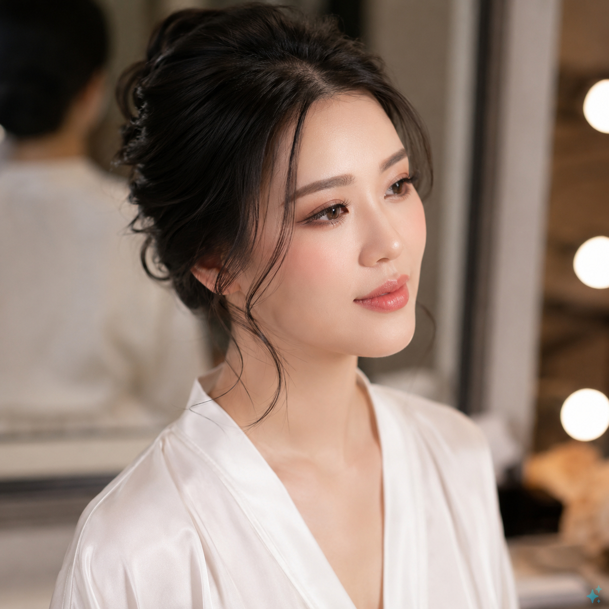Cô gái châu Á trẻ tuổi chuẩn bị cho lễ cưới, vừa hoàn thành makeup và làm tóc tại phòng...