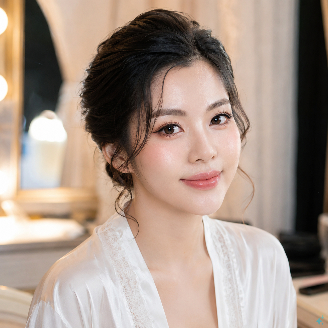 Cô gái châu Á trẻ tuổi chuẩn bị cho lễ cưới, vừa hoàn thành makeup và làm tóc tại phòng...