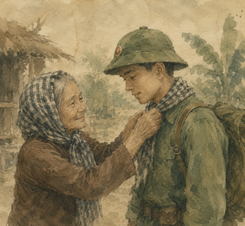 Chiến sĩ, mẹ già đeo khăn