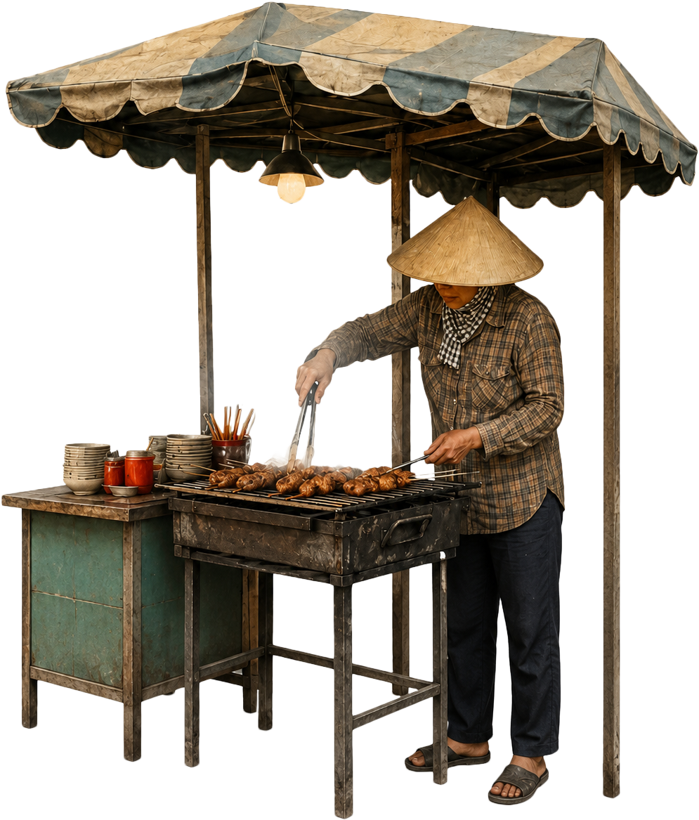Cô bán hàng, vỉ nướng
