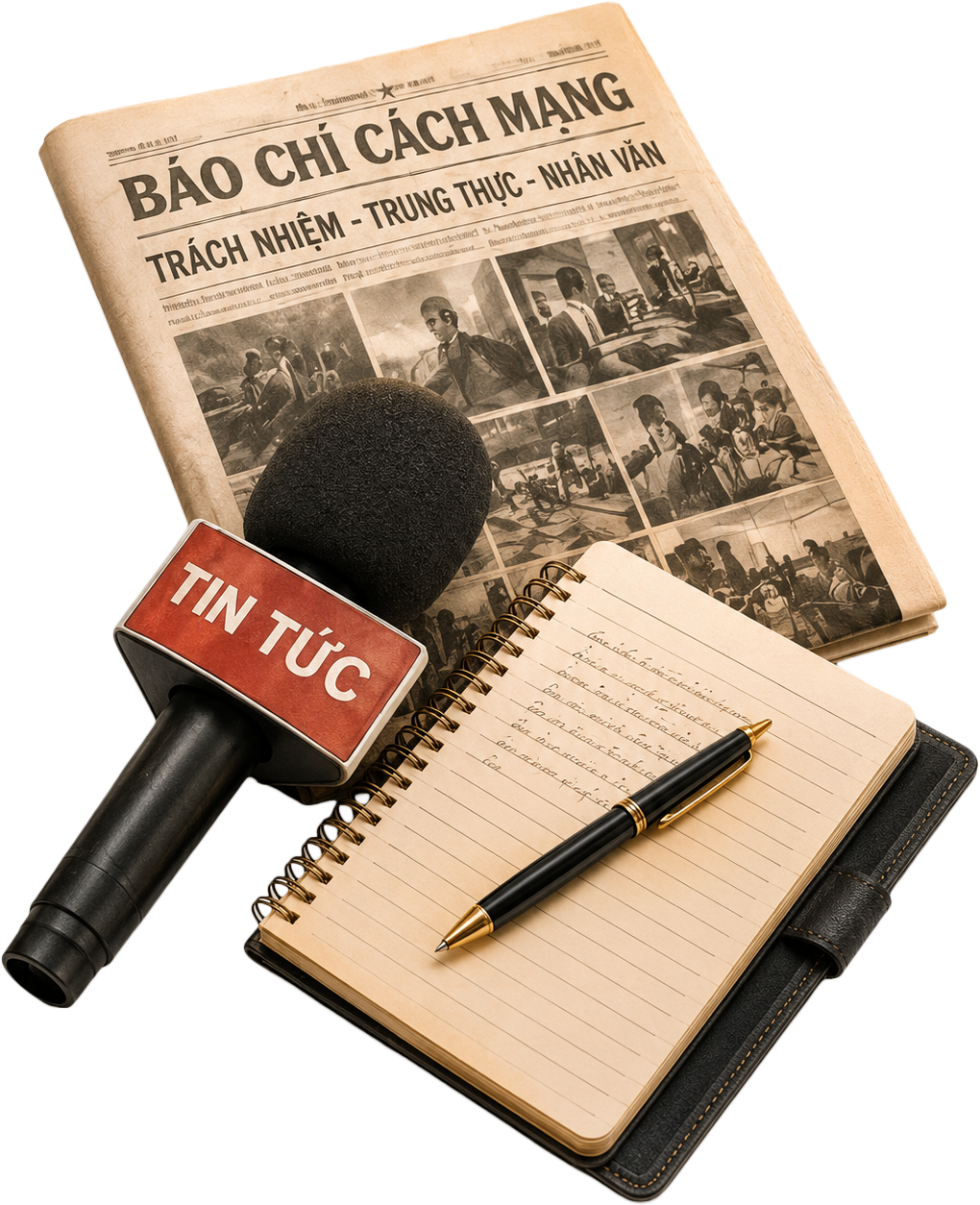 Tờ báo, sổ tay, micro