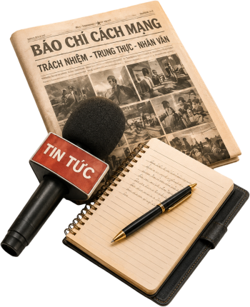 Tờ báo, sổ tay, micro