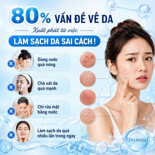 80% VẤN ĐỀ VỀ DA, Xuất phát từ việc LÀM SẠCH DA SAI CÁCH !. Dùng nước quá nóng
Chà xát da quá mạnh
Chỉ rửa mặt bằng nước
Làm sạch da quá nhiều lần trong ngày
Nền màu xanh dương nhạt và trắng, họa tiết có colagen, phong cách theo hướng thẩm mỹ, làm đẹp hiện đại