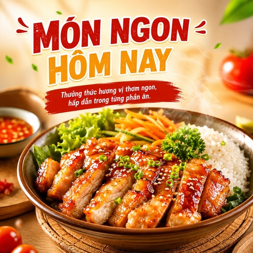 Tiêu đề: MÓN NGON HÔM NAY
Nội dung: Thưởng thức hương vị thơm ngon, hấp dẫn trong từng phần ăn.
Dùng hình ảnh món ăn làm trọng tâm, màu sắc ấm áp, kích thích vị giác.