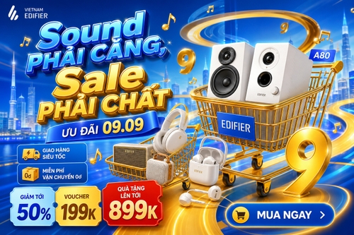 Chủ đề: Banner quảng cáo thương mại điện tử cho đợt giảm giá ngày 09.09.

Sản phẩm: Loa và tai nghe thương hiệu Edifier (cụ thể là loa máy tính A80 màu trắng và tai nghe over-ear trắng, tai nghe in-ear trắng, loa retro, loa mini trong xe đẩy).

Văn bản (Tiếng Việt):

Tiêu đề chính (lớn): "Sound PHẢI CĂNG, Sale PHẢI CHẤT" (Kiểu chữ stylized 3D xanh và vàng).

Thương hiệu (trên cùng bên trái): "VIETNAM EDIFIER" với logo.

Ngày ưu đãi (trong ruy băng): "ƯU ĐÃI 09.09".

Các lợi ích khác:

"GIAO HÀNG SIÊU TỐC"

"MIỄN PHÍ VẬN CHUYỂN 0đ"

"GIẢM TỚI 50%" (trên thẻ tag)

"VOUCHER 199K" (trên thẻ tag)

"QUÀ TẶNG LÊN TỚI 899K" (trên thẻ tag lớn)

"MUA NGAY" (trong nút hành động)

Bố cục & Phong cách:

Phong cách: Quảng cáo sản phẩm 3D hiện đại, tươi sáng, sống động với hiệu ứng ánh sáng.

Bối cảnh: Một bối cảnh trừu tượng, tương lai với một con đường vòng cung vàng trôi nổi trên nền xanh lam, với một khung cảnh thành phố mờ ở xa. Có các nốt nhạc vàng trôi nổi và các số "9" 3D lớn màu vàng để nhấn mạnh ngày 09.09.

Vị trí: Sản phẩm được đặt trong và xung quanh hai xe đẩy mua hàng 3D màu vàng.

Cung cách sản phẩm: Các sản phẩm Edifier được trưng bày một cách thẩm mỹ, với loa chính (A80) được đặt ở vị trí nổi bật trong xe đẩy bên phải.