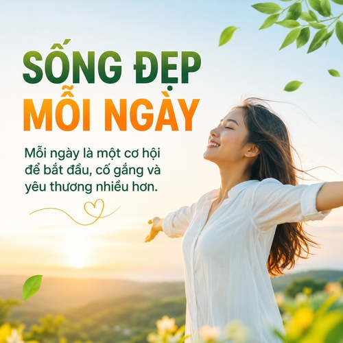 Tiêu đề: SỐNG ĐẸP MỖI NGÀY
Nội dung: Mỗi ngày là một cơ hội để bắt đầu, cố gắng và yêu thương nhiều hơn.
Phong cách tối giản, tinh tế, chữ lớn dễ đọc, nền nhẹ nhàng.