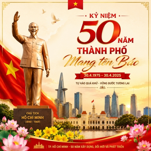 tạo post kỷ niệm 50 năm thành phố mang tên Bác, có tượng Bác Hồ, có quang cảnh tp.HCM, phong cách cổ điển