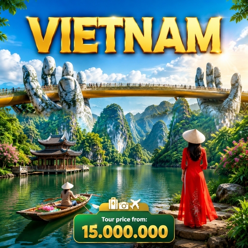 Tạo post du lịch phong cách hiện đại, nổi bật, Tiêu đề lớn: VIETNAM đặt ở giữa phía trên, chữ to, đậm, rõ. Dùng ảnh phong cảnh Việt Nam nổi bật gồm: cầu Vàng với bàn tay đá ở phần trên, núi đá và hồ nước xanh ở nền, chùa nhỏ bên hồ, một cô gái mặc áo dài đỏ đứng gần mặt nước, một người chèo thuyền đội nón lá ở phía dưới. Thêm cụm giá ở cuối post với nội dung [Tour price from: 15.000.000]. Có thể thêm icon du lịch nhỏ phía trên phần giá. Không cần logo. Tổng thể tươi sáng, thu hút, chuyên nghiệp, màu sắc sống động, sắc nét.