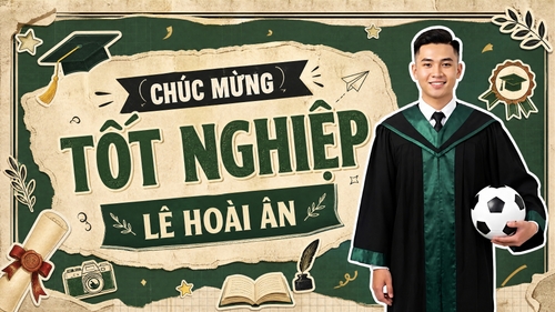 Chúc mừng tốt nghiệp Lê Hoài Ân, phong cách vintage, background màu xanh lá với màu be cũ cũ, nhìu element về tốt nghiệp