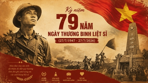 kỷ niệm 79 năm ngày thương binh liệt sĩ (27/7/1947-27/7/2026), có cảnh lịch sử, có cờ việt nam, 1 ảnh người chiến sĩ xưa, phong cách vintage tone vàng đỏ