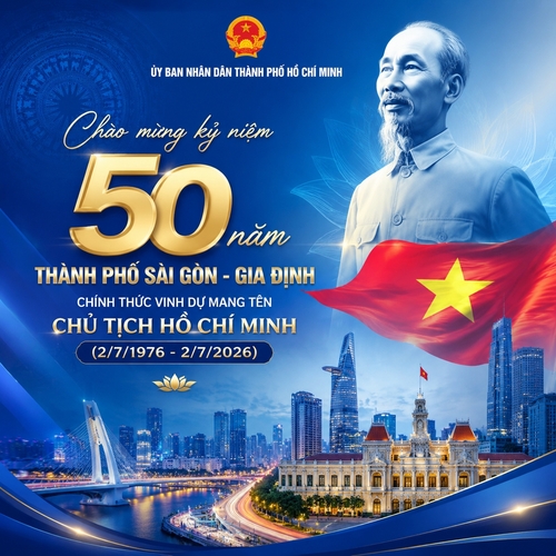 chào mừng kỷ niệm 50 năm thành phố Sài Gòn - Gia Định chính thức vinh dự mang tên Chủ tịch Hồ Chí Minh (2/7/1976 - 2/7/2026), cảnh thành phố, có hình bóng Bác Hồ, có ủy ban thành phố, có cờ Việt Nam, tone xanh dương
