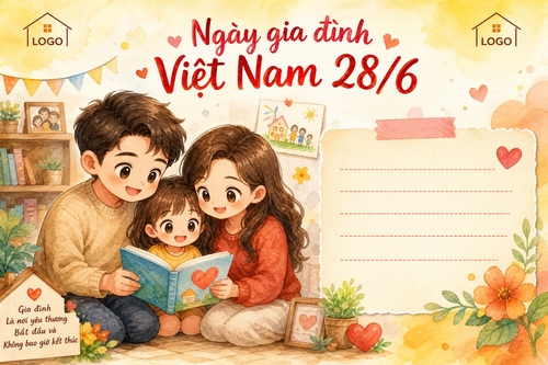 có ảnh chibi gia đình 3 người ngồi đọc sách cùng nhau, background nhìu element dễ thương về gia đình, vẽ màu nước nha