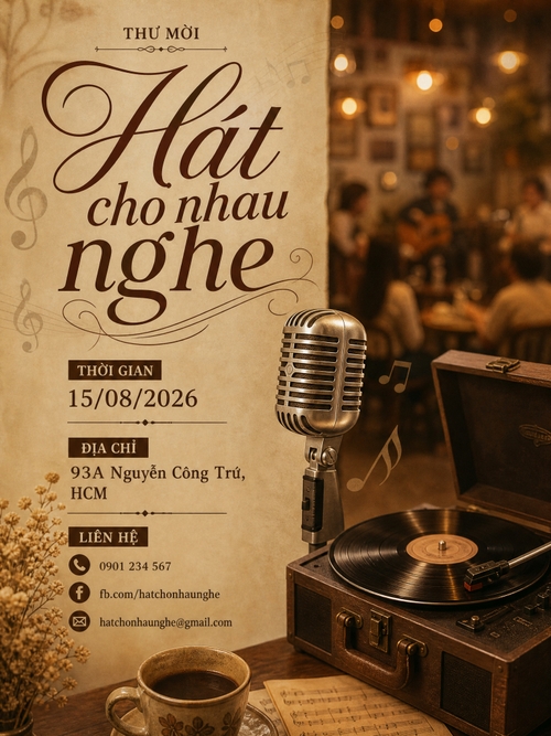 thêm đĩa nhạc kiểu cũ, nốt nhạc, và kiểu blur tiệm cà phê có ánh đèn hát cùng mọi người